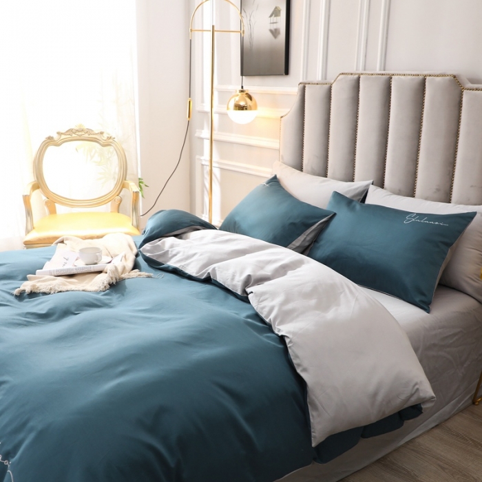 91家纺网 家纺一手货源 找家纺 全棉纯棉60S贡缎长绒棉绣花四件套纯色双拼色60支刺绣宝石蓝