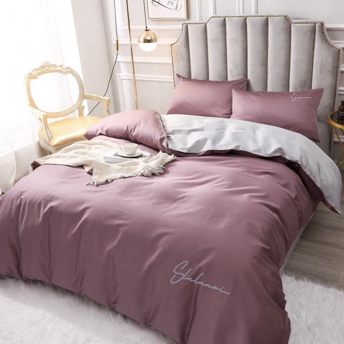 91家纺网 家纺一手货源 找家纺 全棉纯棉60S贡缎长绒棉绣花四件套纯色双拼色60支刺绣-帛咖