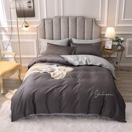 全棉纯棉60S贡缎长绒棉绣花四件套纯色双拼色60支刺绣-黑灰