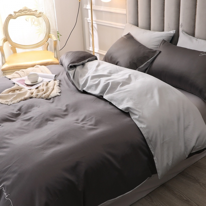 91家纺网 家纺一手货源 找家纺 全棉纯棉60S贡缎长绒棉绣花四件套纯色双拼色60支刺绣-黑灰