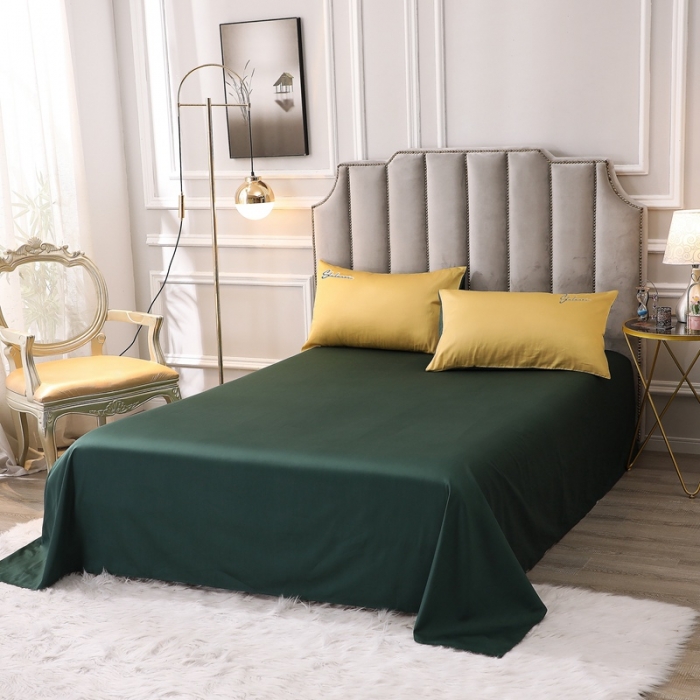 91家纺网 家纺一手货源 找家纺 全棉纯棉60S贡缎长绒棉绣花四件套纯色双拼色60支刺绣-黄色