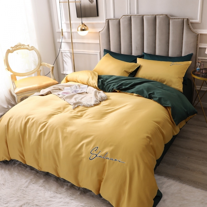 91家纺网 家纺一手货源 找家纺 全棉纯棉60S贡缎长绒棉绣花四件套纯色双拼色60支刺绣-黄色