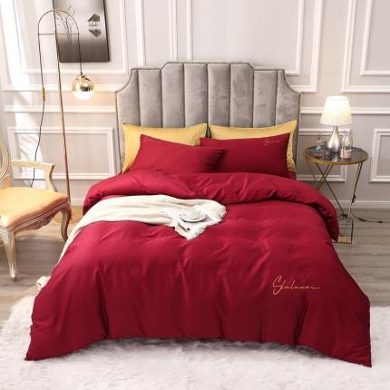 全棉纯棉60S贡缎长绒棉绣花四件套纯色双拼色60支刺绣-酒红