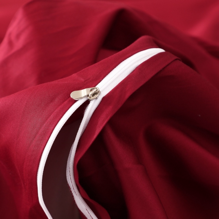 91家纺网 家纺一手货源 找家纺 全棉纯棉60S贡缎长绒棉绣花四件套纯色双拼色60支刺绣-酒红