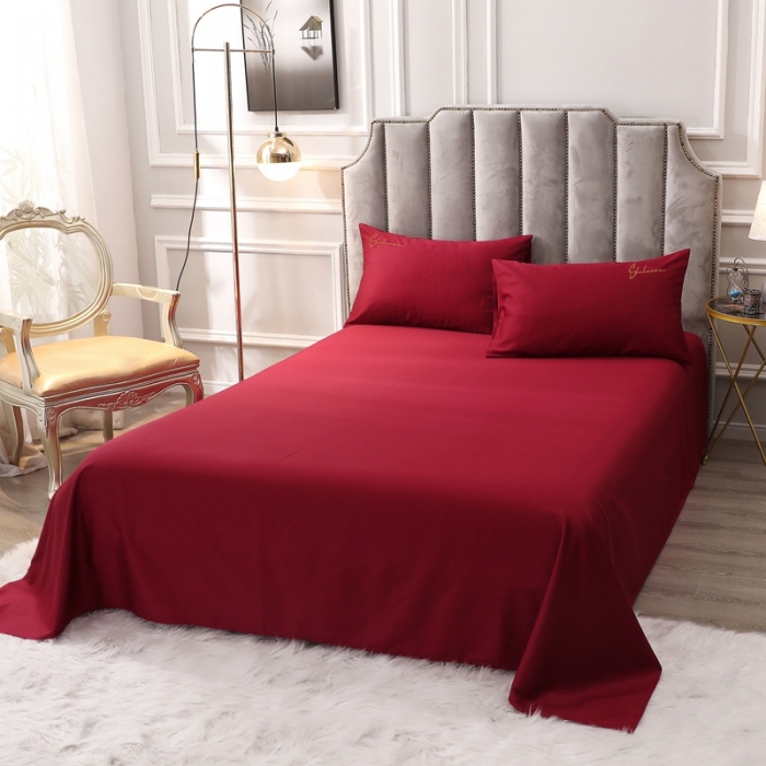 91家纺网 家纺一手货源 找家纺 全棉纯棉60S贡缎长绒棉绣花四件套纯色双拼色60支刺绣-酒红