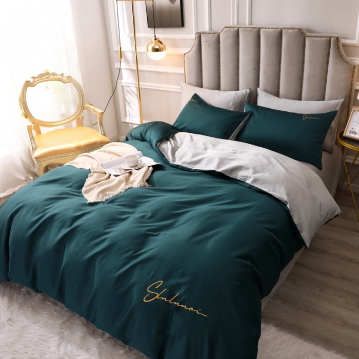 91家纺网 家纺一手货源 找家纺 全棉纯棉60S贡缎长绒棉绣花四件套纯色双拼色60支刺绣猫眼绿