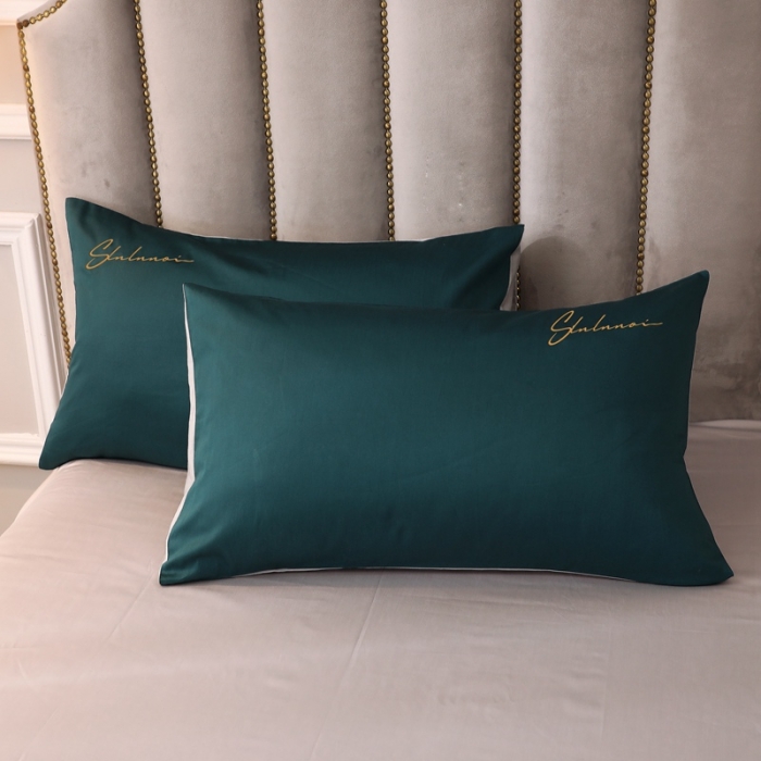 91家纺网 家纺一手货源 找家纺 全棉纯棉60S贡缎长绒棉绣花四件套纯色双拼色60支刺绣猫眼绿