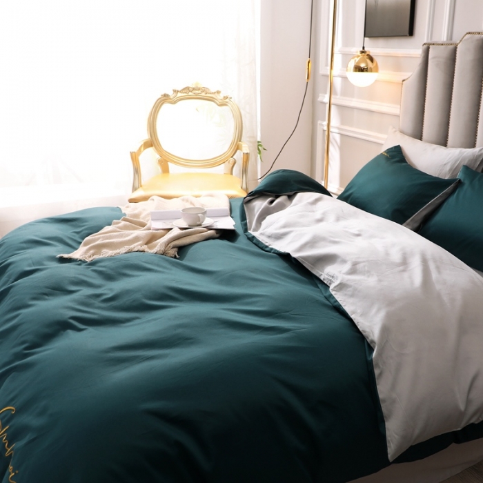 91家纺网 家纺一手货源 找家纺 全棉纯棉60S贡缎长绒棉绣花四件套纯色双拼色60支刺绣猫眼绿