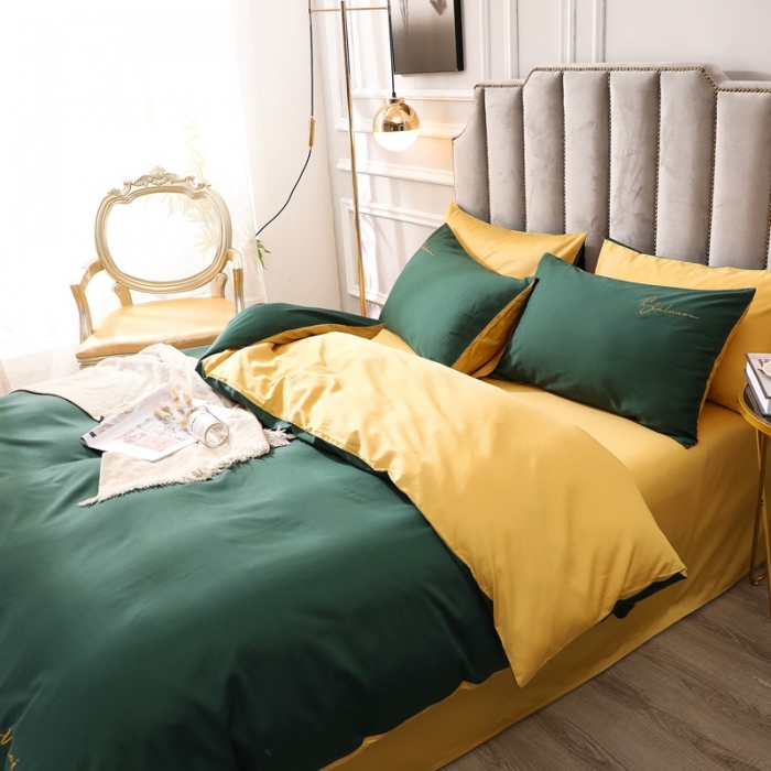 91家纺网 家纺一手货源 找家纺 全棉纯棉60S贡缎长绒棉绣花四件套纯色双拼色60支刺绣-墨绿