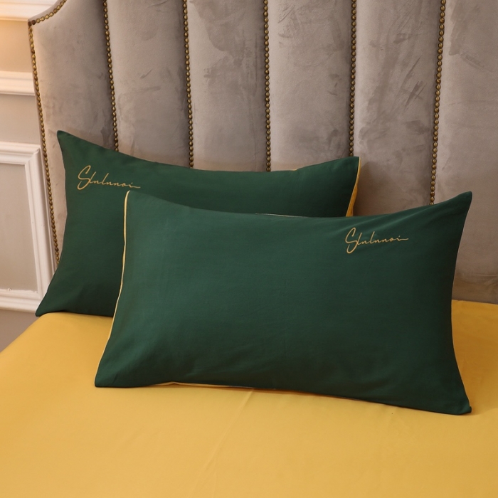 91家纺网 家纺一手货源 找家纺 全棉纯棉60S贡缎长绒棉绣花四件套纯色双拼色60支刺绣-墨绿