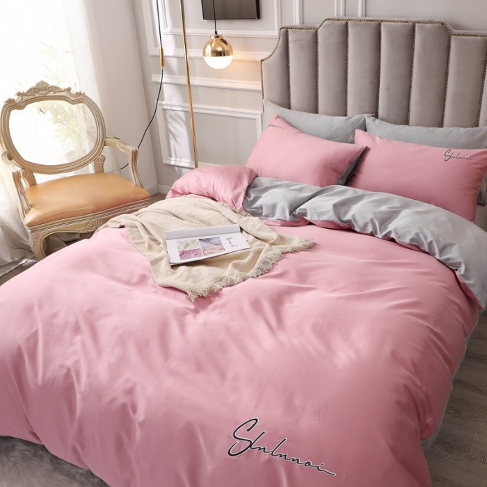 91家纺网 家纺一手货源 找家纺 全棉纯棉60S贡缎长绒棉绣花四件套纯色双拼色60支刺绣浅豆沙