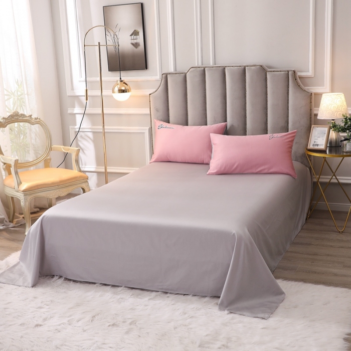 91家纺网 家纺一手货源 找家纺 全棉纯棉60S贡缎长绒棉绣花四件套纯色双拼色60支刺绣浅豆沙