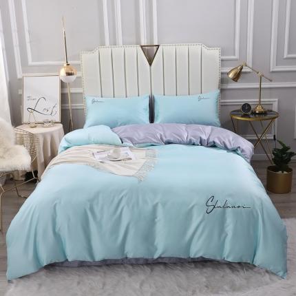 91家纺网 家纺一手货源 找家纺 全棉纯棉60S贡缎长绒棉绣花四件套纯色双拼色60支刺绣-浅蓝