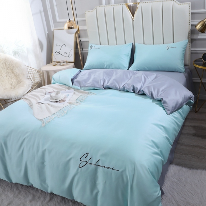 91家纺网 家纺一手货源 找家纺 全棉纯棉60S贡缎长绒棉绣花四件套纯色双拼色60支刺绣-浅蓝