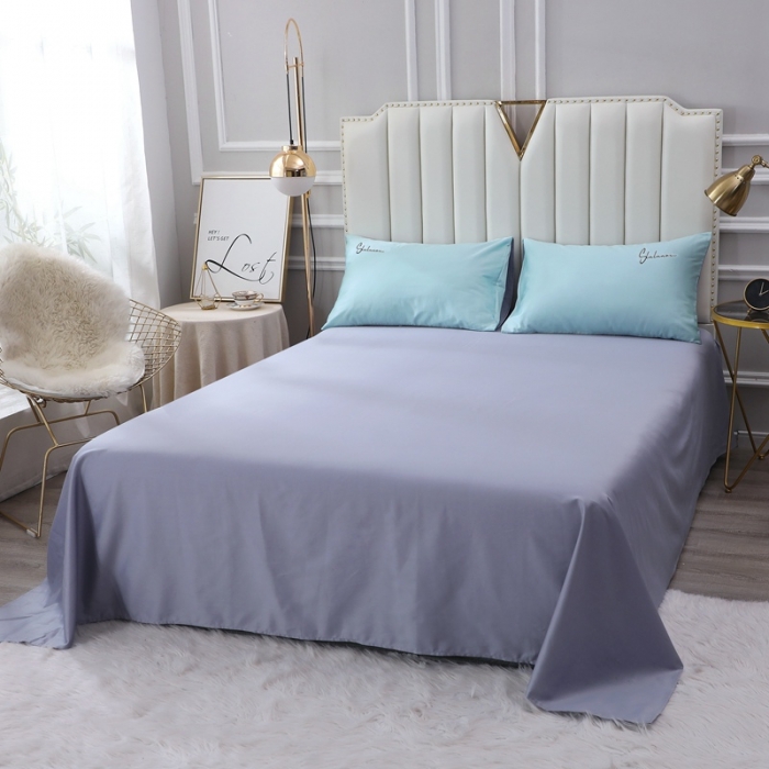 91家纺网 家纺一手货源 找家纺 全棉纯棉60S贡缎长绒棉绣花四件套纯色双拼色60支刺绣-浅蓝