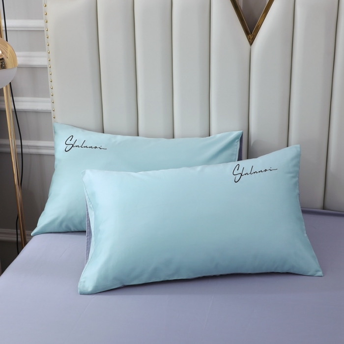 91家纺网 家纺一手货源 找家纺 全棉纯棉60S贡缎长绒棉绣花四件套纯色双拼色60支刺绣-浅蓝