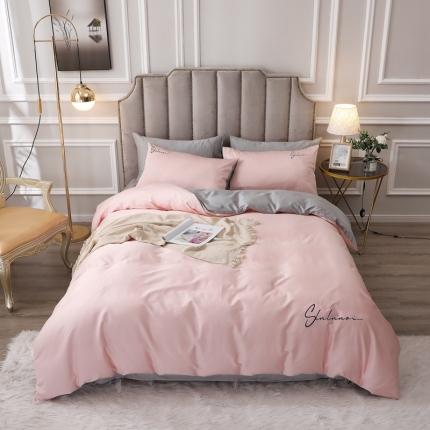 全棉纯棉60S贡缎长绒棉绣花四件套纯色双拼色60支刺绣-浅玉