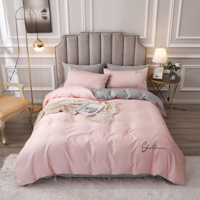 91家纺网 家纺一手货源 找家纺 全棉纯棉60S贡缎长绒棉绣花四件套纯色双拼色60支刺绣-浅玉