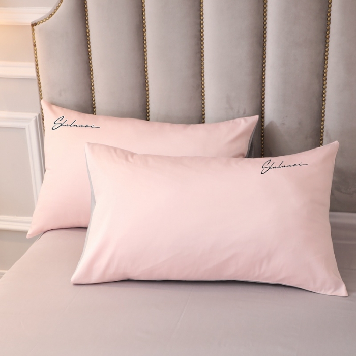 91家纺网 家纺一手货源 找家纺 全棉纯棉60S贡缎长绒棉绣花四件套纯色双拼色60支刺绣-浅玉