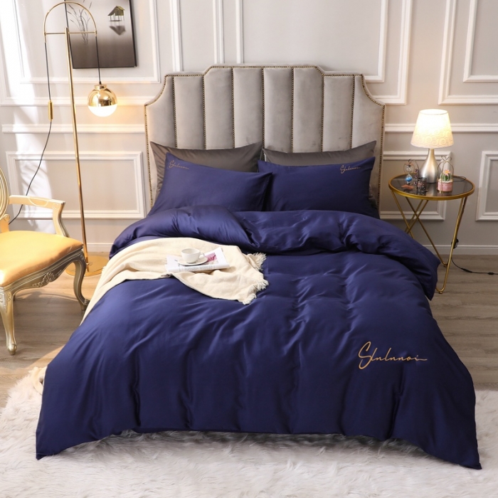 91家纺网 家纺一手货源 找家纺 全棉纯棉60S贡缎长绒棉绣花四件套纯色双拼色60支刺绣-丈青