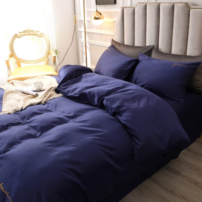 91家纺网 家纺一手货源 找家纺 全棉纯棉60S贡缎长绒棉绣花四件套纯色双拼色60支刺绣-丈青