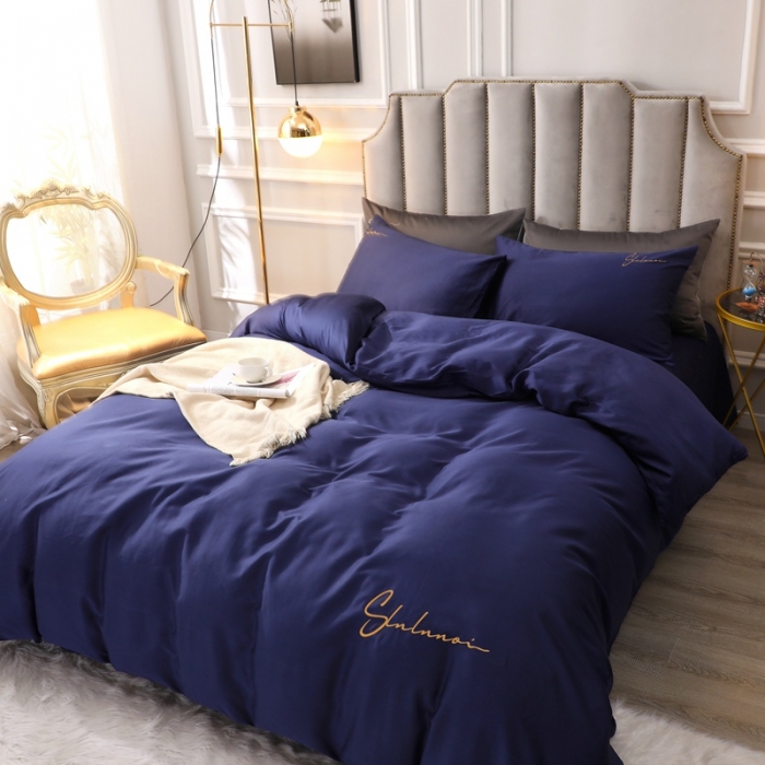 91家纺网 家纺一手货源 找家纺 全棉纯棉60S贡缎长绒棉绣花四件套纯色双拼色60支刺绣-丈青