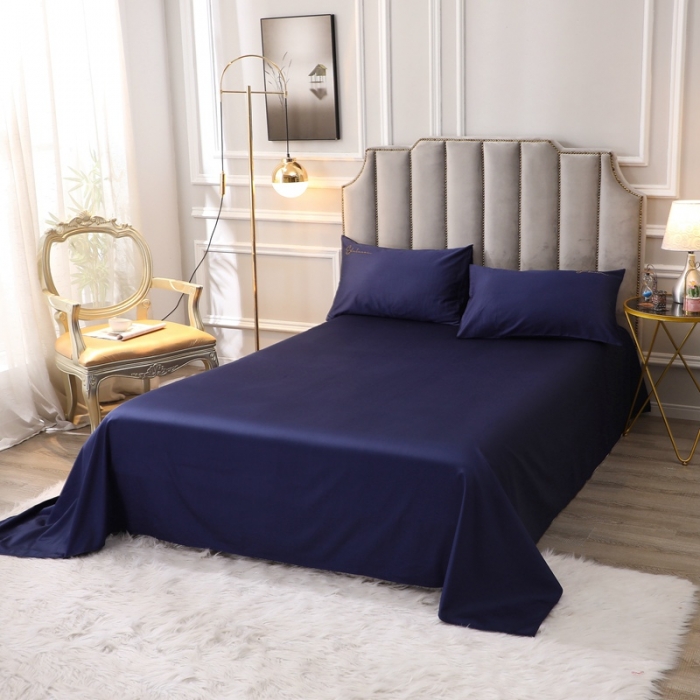 91家纺网 家纺一手货源 找家纺 全棉纯棉60S贡缎长绒棉绣花四件套纯色双拼色60支刺绣-丈青