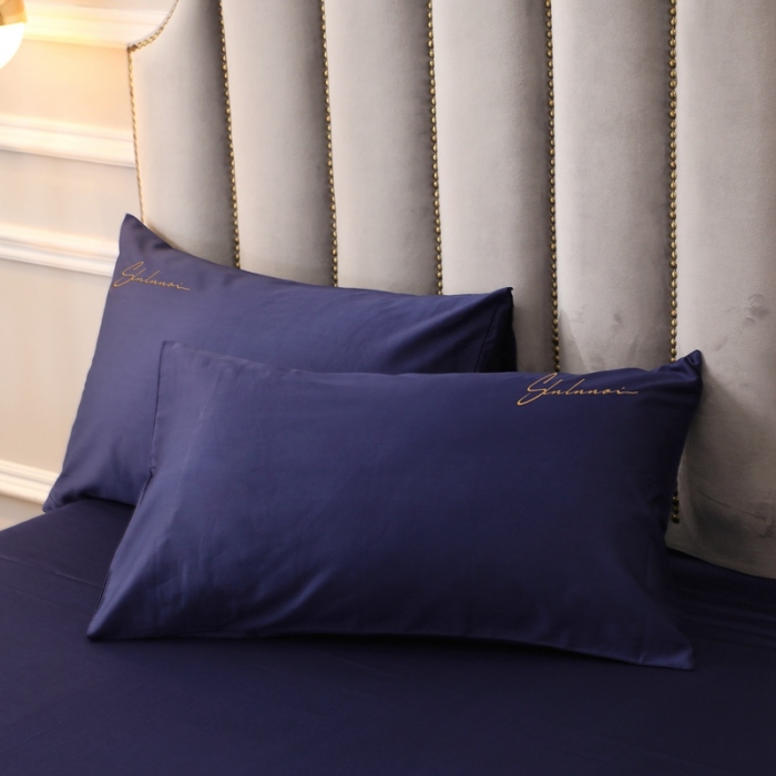 91家纺网 家纺一手货源 找家纺 全棉纯棉60S贡缎长绒棉绣花四件套纯色双拼色60支刺绣-丈青