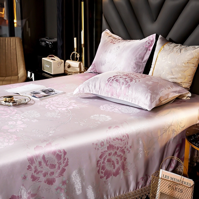 91家纺网 家纺一手货源 找家纺 朗莎家纺 600D冰丝色织提花冰丝席三件套 花间细雨-粉