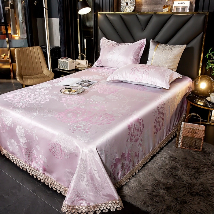 91家纺网 家纺一手货源 找家纺 朗莎家纺 600D冰丝色织提花冰丝席三件套 花间细雨-粉