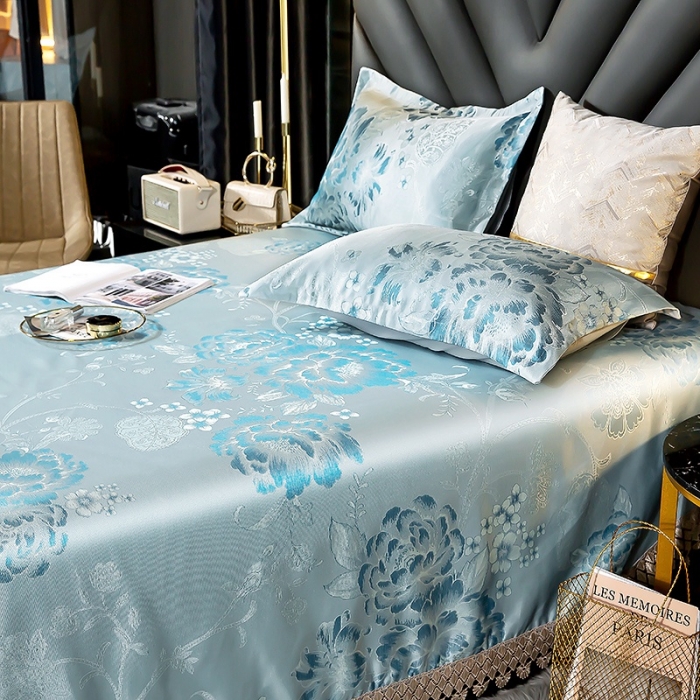 91家纺网 家纺一手货源 找家纺 朗莎家纺 600D冰丝色织提花冰丝席三件套 花间细雨-绿