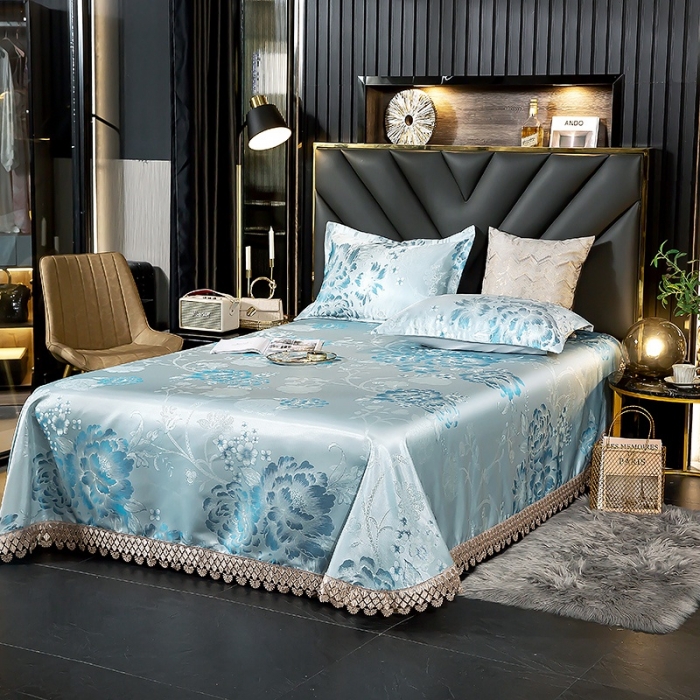 91家纺网 家纺一手货源 找家纺 朗莎家纺 600D冰丝色织提花冰丝席三件套 花间细雨-绿