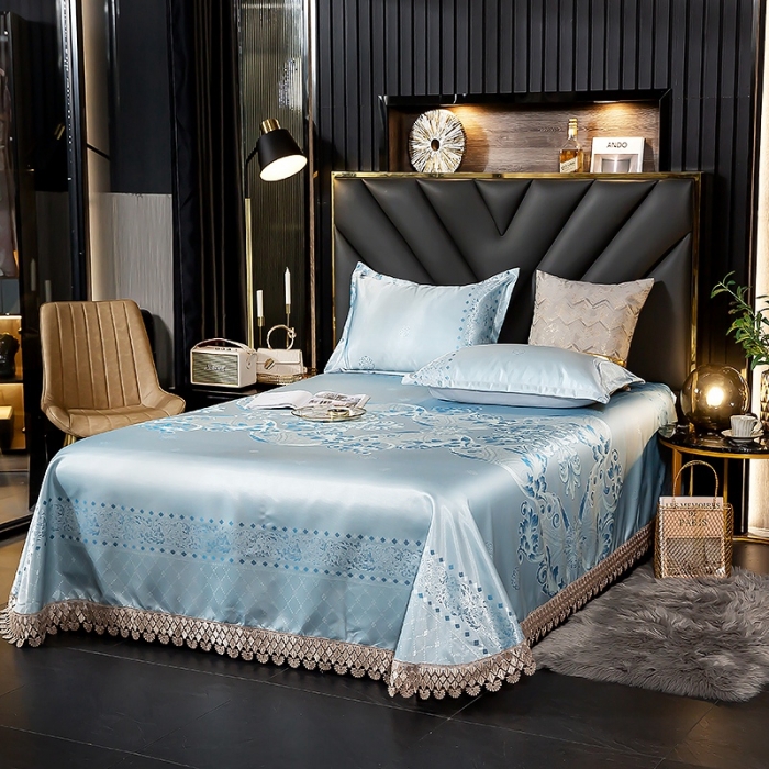 91家纺网 家纺一手货源 找家纺 朗莎家纺 600D冰丝色织提花冰丝席三件套 米兰风情绿