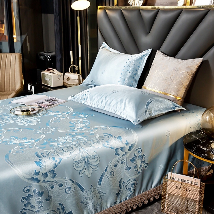 91家纺网 家纺一手货源 找家纺 朗莎家纺 600D冰丝色织提花冰丝席三件套 米兰风情绿