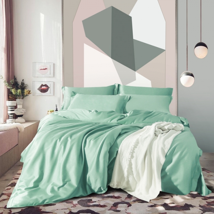 91家纺网 家纺一手货源 找家纺 十九色 2024新款50*50纯色埋线款四件套 清荷绿