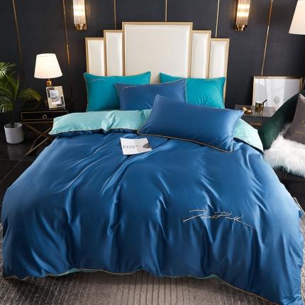 新款简约北欧风纯棉13070纯色刺绣四件套床上用品 海蓝浅蓝