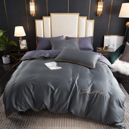 新款简约北欧风纯棉13070纯色刺绣四件套床上用品 深灰拼紫