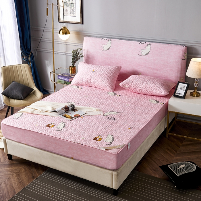91家纺网 家纺一手货源 找家纺 豪选家纺2025新款印花防水夹棉床笠抗菌席思床垫套床罩樱花猫