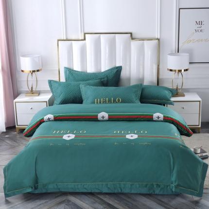 OL新款13372全棉床盖夹棉四件套活性印染居家套件你好-绿