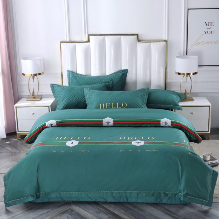 91家纺网 家纺一手货源 找家纺 OL新款13372全棉床盖夹棉四件套活性印染居家套件你好-绿