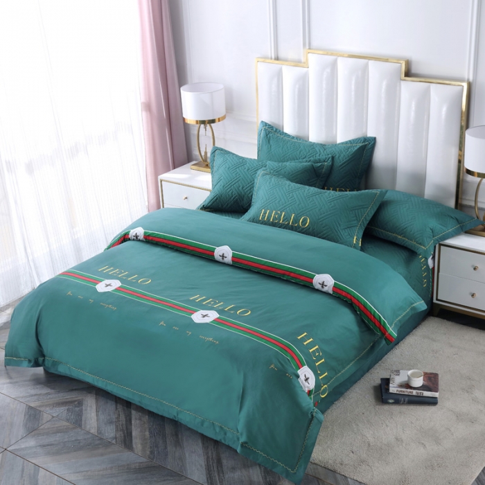 91家纺网 家纺一手货源 找家纺 OL新款13372全棉床盖夹棉四件套活性印染居家套件你好-绿