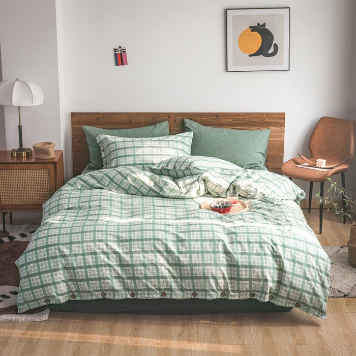 91家纺网 家纺一手货源 找家纺 北纬27度 2020新款英伦复古风全棉色织椰子扣四件套幻听