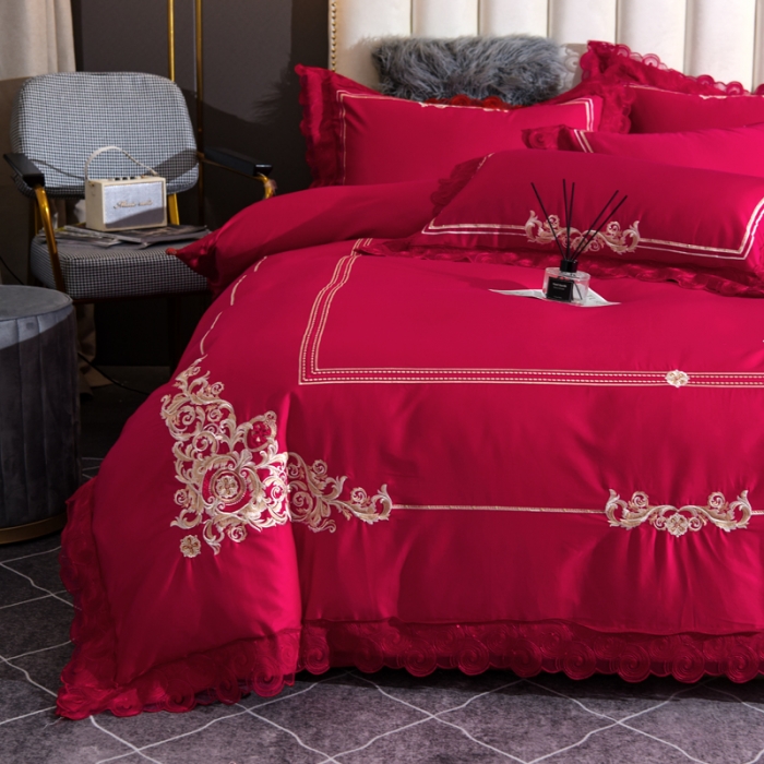 91家纺网 家纺一手货源 找家纺 唐人居 2025新款50支长绒棉四件套 米兰仲夏-大红