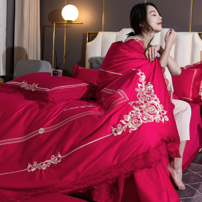 91家纺网 家纺一手货源 找家纺 唐人居 2025新款50支长绒棉四件套 米兰仲夏-大红