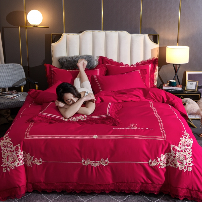 91家纺网 家纺一手货源 找家纺 唐人居 2025新款50支长绒棉四件套 米兰仲夏-大红