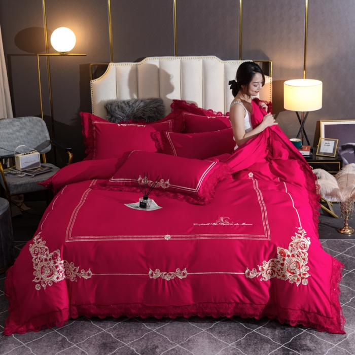 91家纺网 家纺一手货源 找家纺 唐人居 2025新款50支长绒棉四件套 米兰仲夏-大红