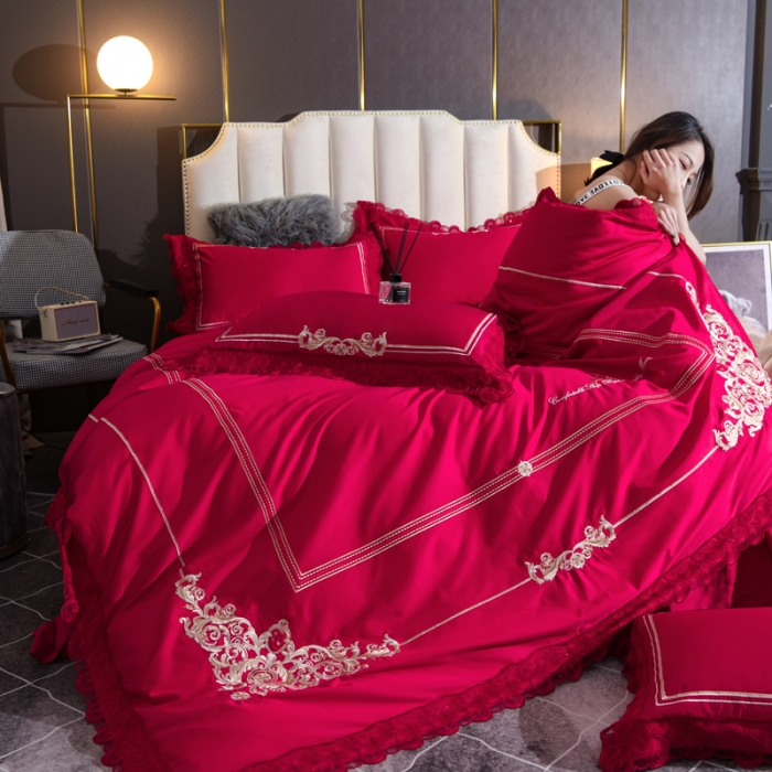 91家纺网 家纺一手货源 找家纺 唐人居 2025新款50支长绒棉四件套 米兰仲夏-大红