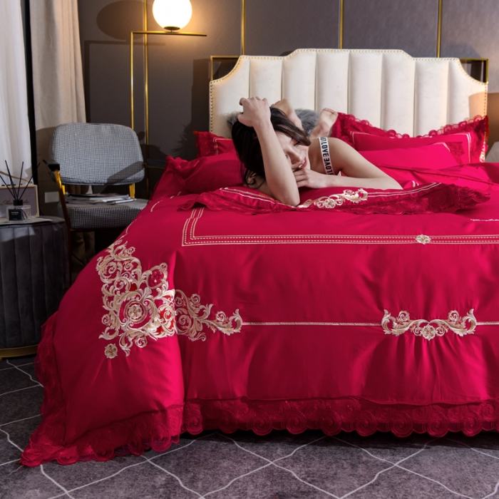 91家纺网 家纺一手货源 找家纺 唐人居 2025新款50支长绒棉四件套 米兰仲夏-大红