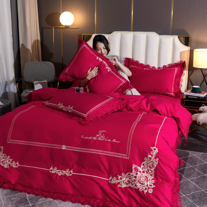 91家纺网 家纺一手货源 找家纺 唐人居 2025新款50支长绒棉四件套 米兰仲夏-大红