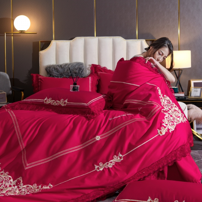 91家纺网 家纺一手货源 找家纺 唐人居 2025新款50支长绒棉四件套 米兰仲夏-大红